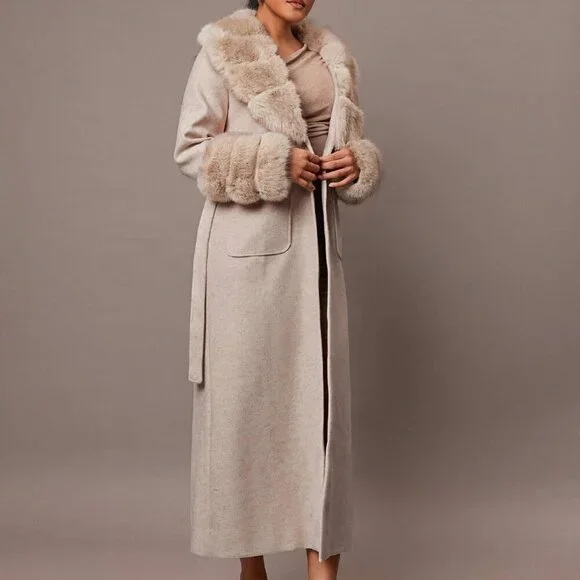 Khaki Elegant Womens Warm faux Fur trimmed belted Jacket  Coat - Picture 6 of 7